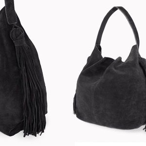 NWT Mango Black Genuine Suede Leather Shoulder Bag with Tassels Details